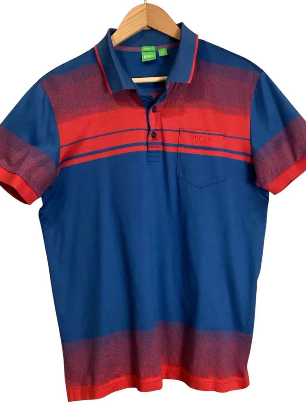 Hugo Boss Green Modern Fit Polo Shirt XL Blue Red Striped Pocket Golf Casual